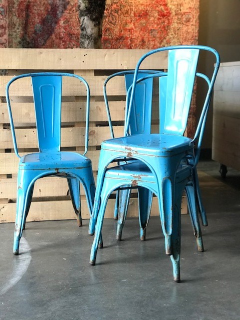 Vintage metalen Tolix stoelen, blauw, set van vier